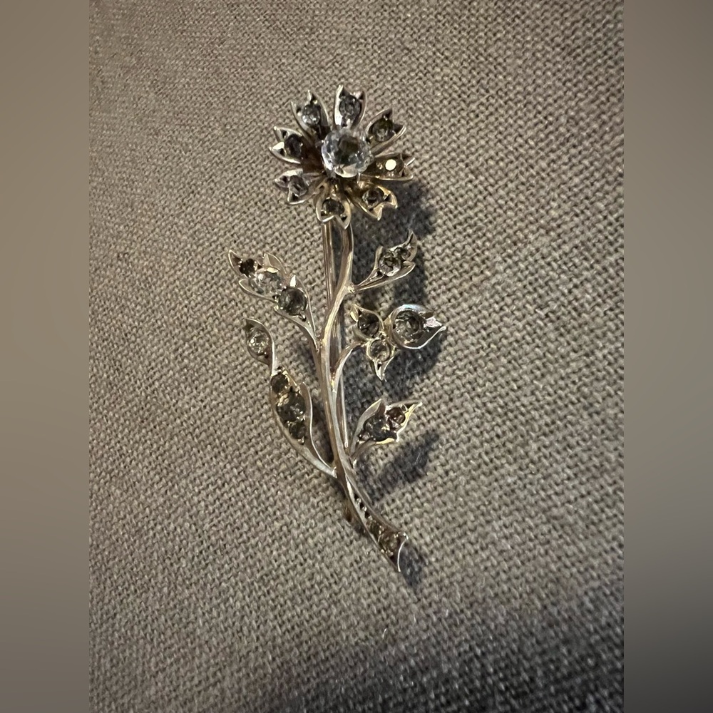 Very Rare Antique 800 Silver Floral European Rhinestone Flower Brooch